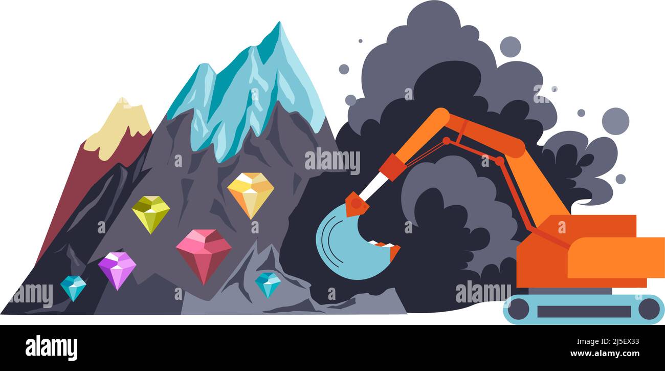 Montagna miniera d'oro con grotta e deposito di risorse naturali. Processo isolato di scavo di trovare gemme e gioielli. Diamante e brillante, o un Illustrazione Vettoriale