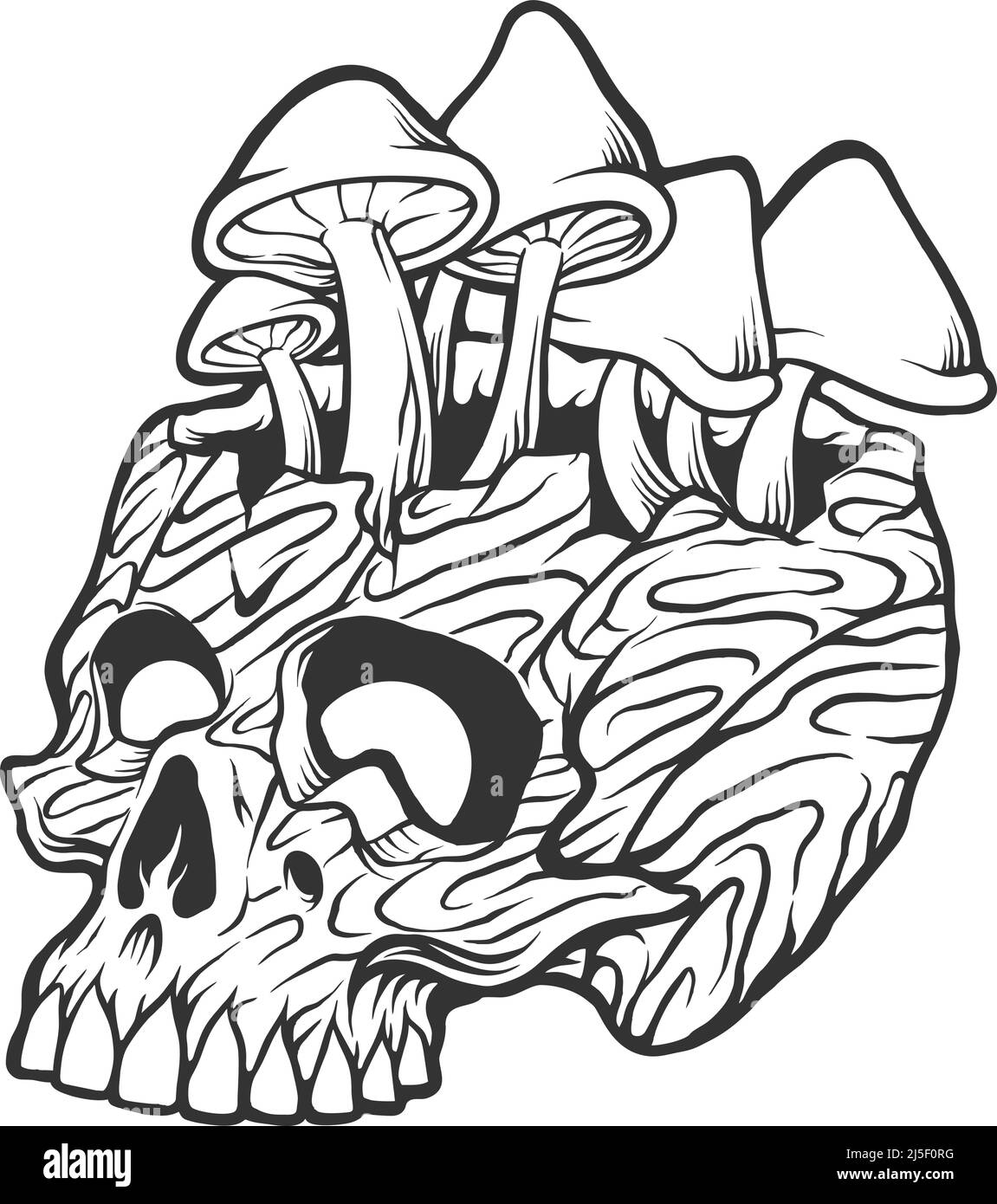 Cranio in legno con funghi colorate silhouette vettoriali illustrazioni per il vostro logo di lavoro, merchandise t-shirt, adesivi ed etichette disegni, poster Illustrazione Vettoriale