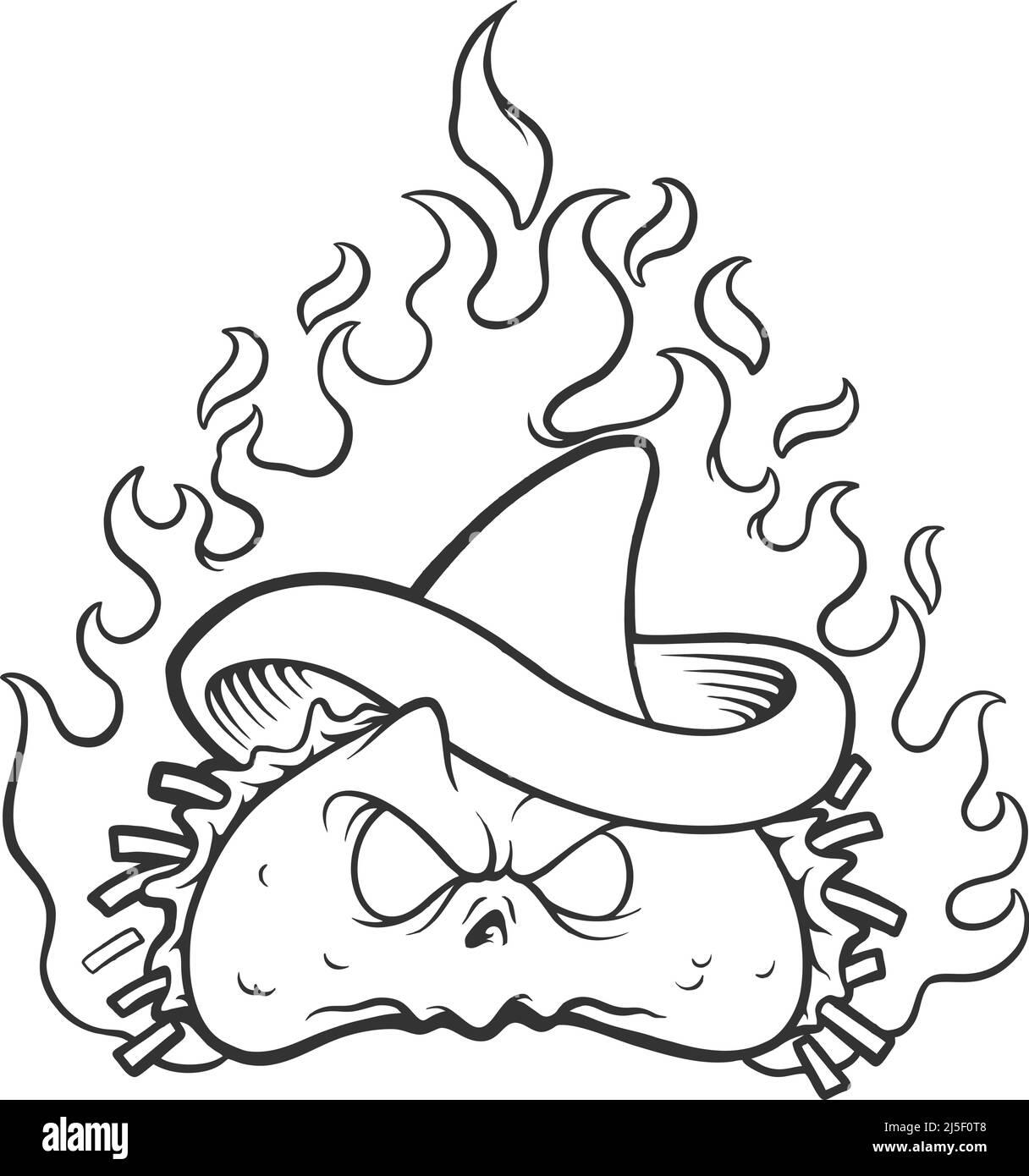 Arrabbiato messicano taco sul fuoco illustrazioni vettoriali monocromatiche per il vostro logo di lavoro, t-shirt merchandise, adesivi e disegni di etichette, poster, biglietti d'auguri Illustrazione Vettoriale