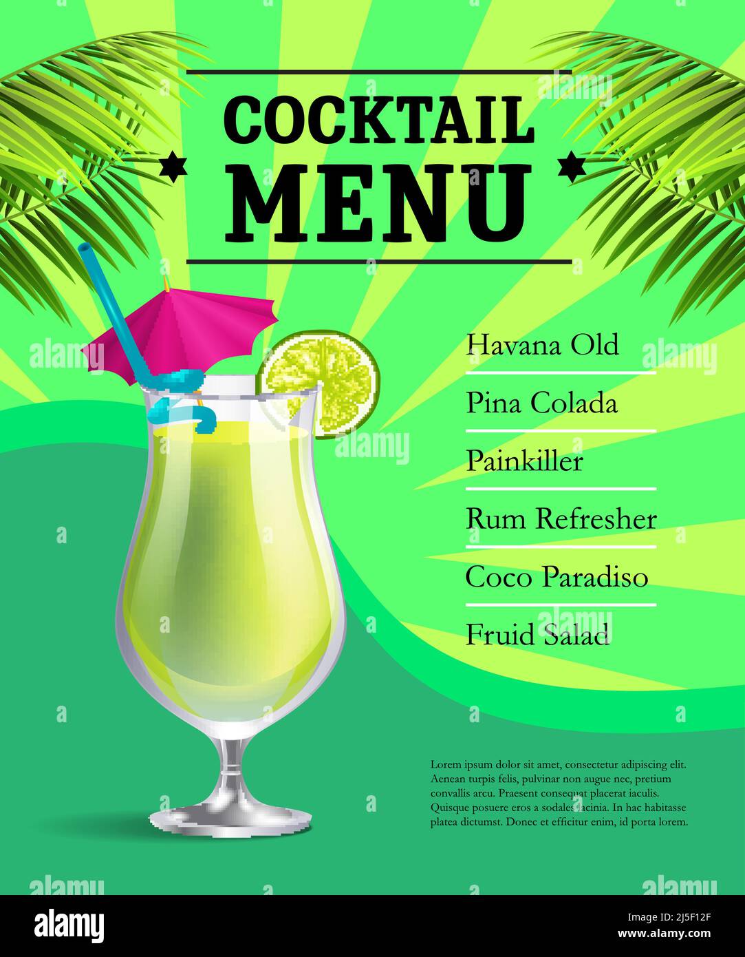 Design del modello del poster del menu cocktail. Bicchiere con bevanda e lime e foglie di palma su sfondo verde con raggi. Bar, ristorante, festa estiva. Può essere u Illustrazione Vettoriale