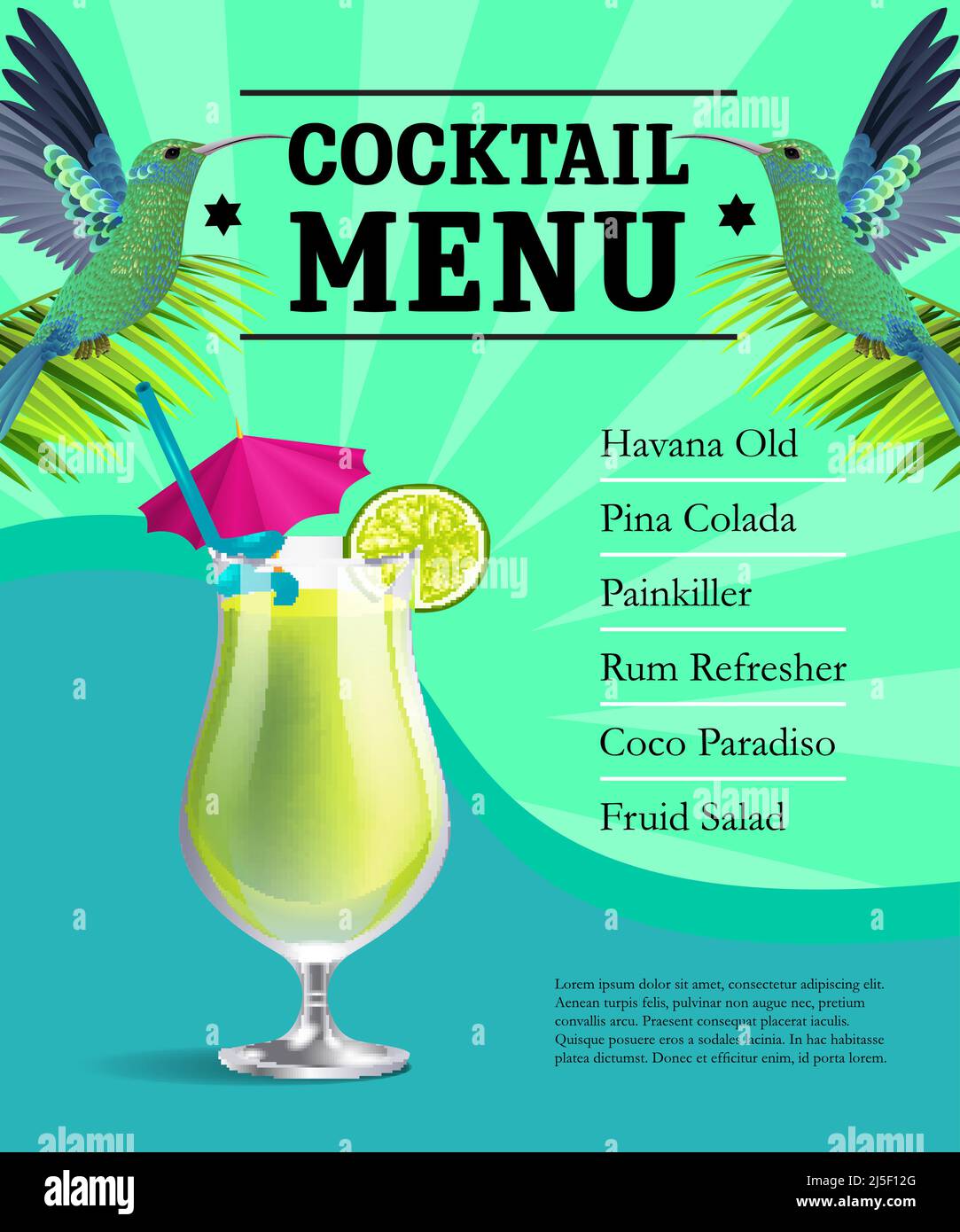 Design del modello del poster del menu cocktail. Bicchiere con bevanda, uccelli colibri su sfondo verde e blu con raggi. Bar dell'hotel, ristorante, festa estiva. CAN Illustrazione Vettoriale