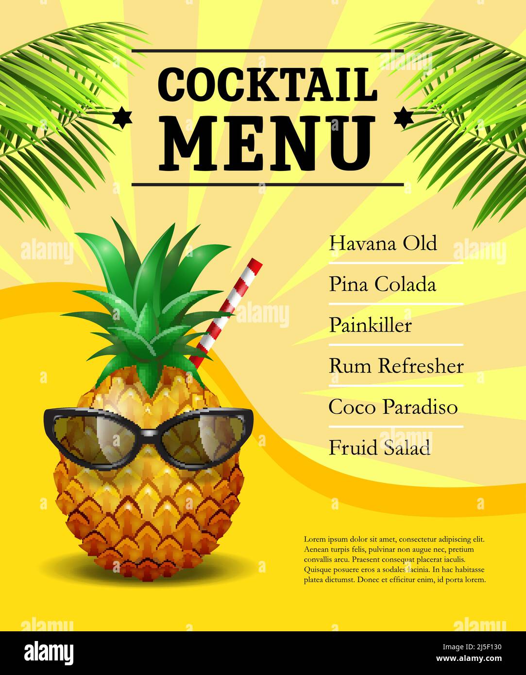 Poster del menu cocktail. Ananas in occhiali da sole e cannuccia da bere su sfondo giallo con foglie di palma. Bevande fredde, bar, ristorante. Concetto di bevanda Illustrazione Vettoriale