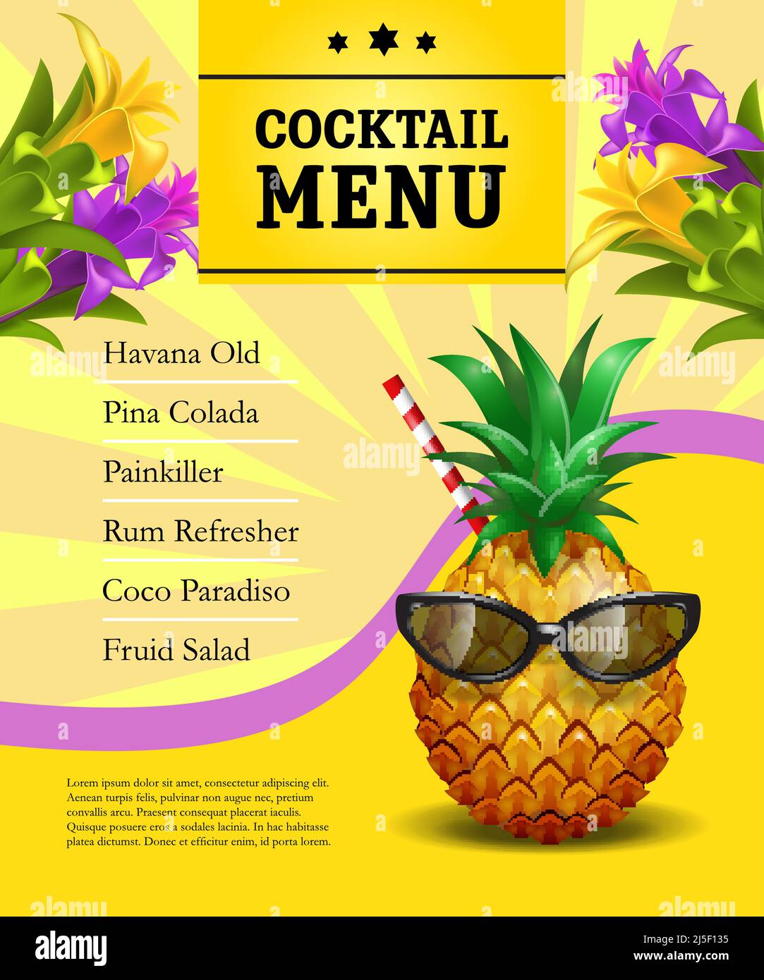 Design del modello del poster del menu cocktail. Ananas in occhiali da sole con cannuccia da bere su sfondo giallo con fiori. Bar, caffetteria, ristorante banner. CAN Illustrazione Vettoriale