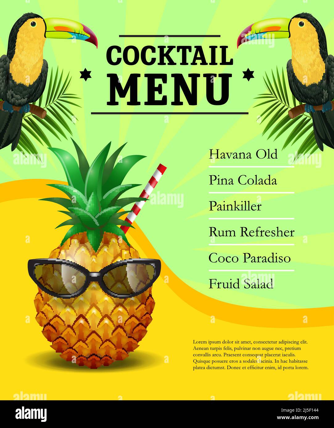 Modello poster del menu cocktail. Ananas in occhiali da sole, toucans, foglie di palma su sfondo verde e giallo con raggi. Bar, caffetteria, ristorante banner. C Illustrazione Vettoriale