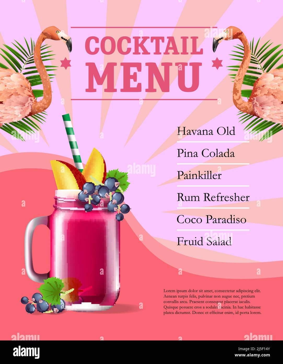 Poster del menu cocktail. Succo di frutta e fenicotteri e foglie di palma su sfondo rosa con raggi. Bar, caffetteria, ristorante banner. Concetto di bevanda. Può essere Illustrazione Vettoriale
