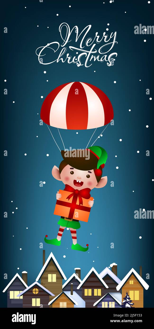 Banner verticale natalizio. Jolly Elf con regalo volare con paracadute su tetti coperti di neve. L'illustrazione può essere utilizzata per i biglietti d'auguri, f Illustrazione Vettoriale