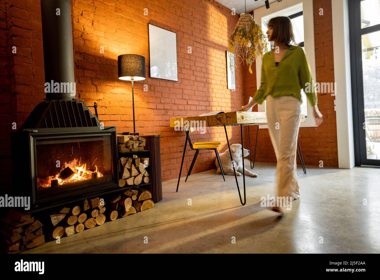Soggiorno interno in stile loft e movimento sfocato persona Foto Stock