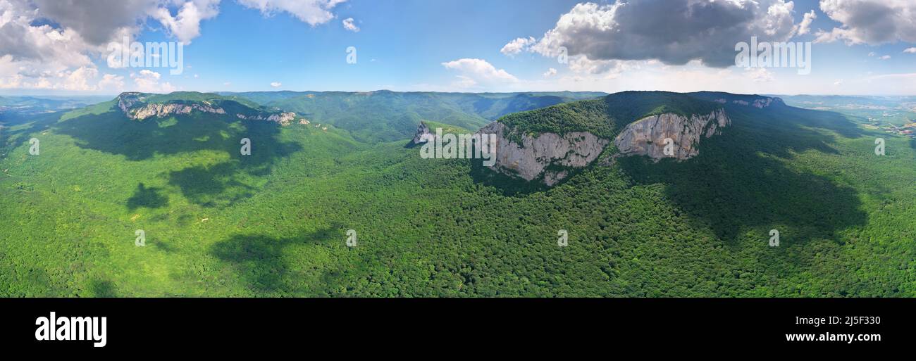 Grande panorama di montagna e verde foresta estiva. Composizione della natura. Foto Stock