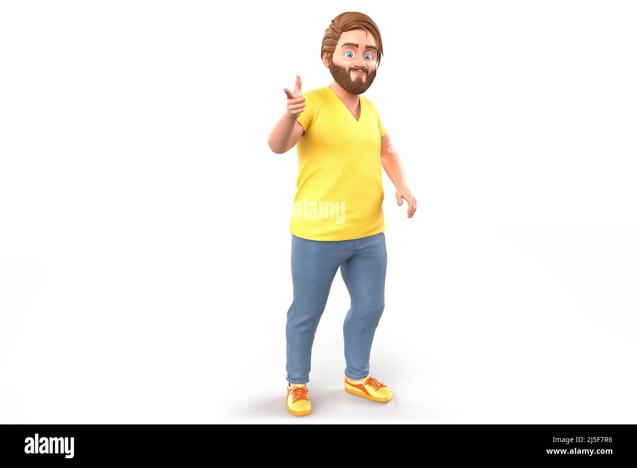 Sorridente bell'uomo che punta con le dita nello spazio vuoto. Isolato su sfondo bianco. 3D rendering Foto Stock