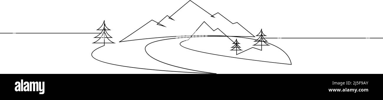 Paesaggio di montagna con fiume e abeti. Disegno minimalista a linea singola continua. Grafica da viaggio. Illustrazione vettoriale. Nero su bianco Illustrazione Vettoriale