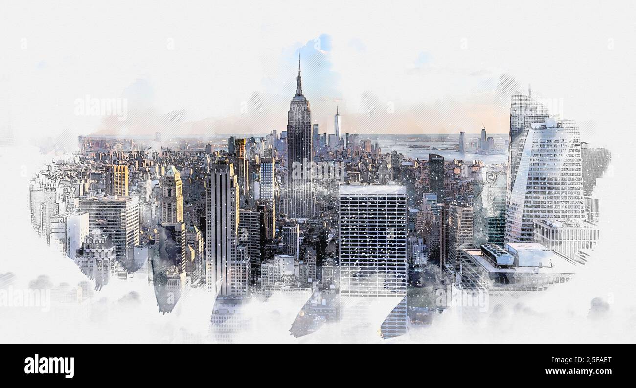 New York City Manhattan vista panoramica aerea centrale con grattacieli e cielo blu nel giorno, pittura digitale acquerello Foto Stock