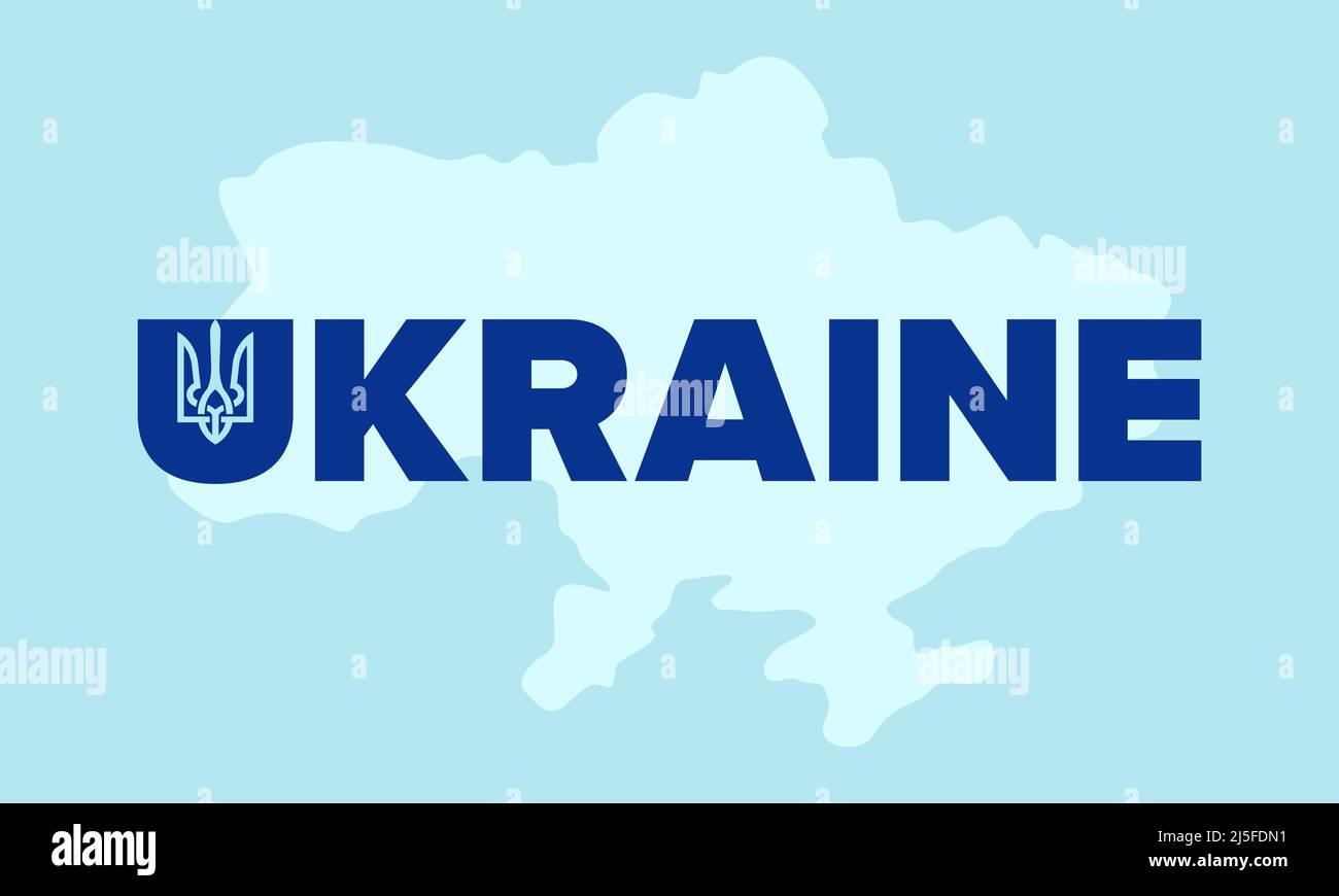 Testo stilizzato in grassetto per l'Ucraina con il simbolo del tridente nazionale sulla mappa Ucraina. Design dell'illustrazione concettuale. Illustrazione Vettoriale