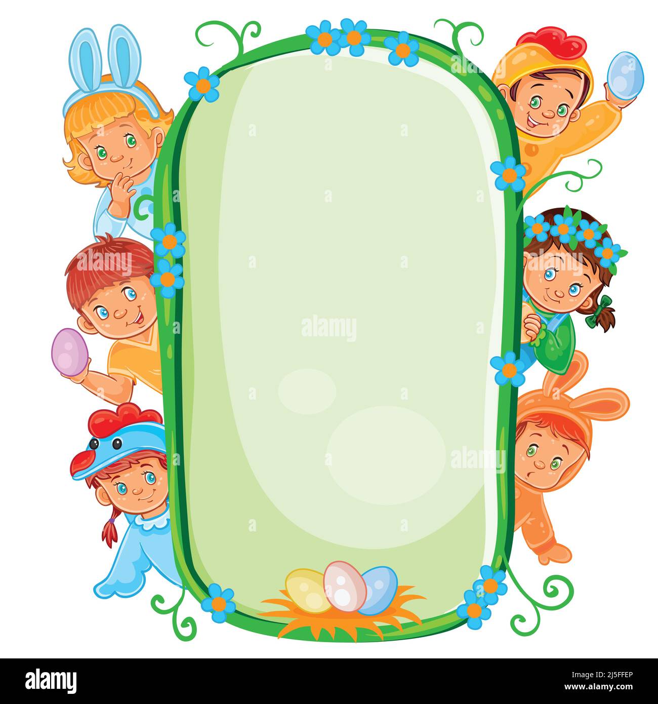 Poster vettoriale con bambini piccoli in costumi pasquali, guardando fuori dalla cornice Illustrazione Vettoriale