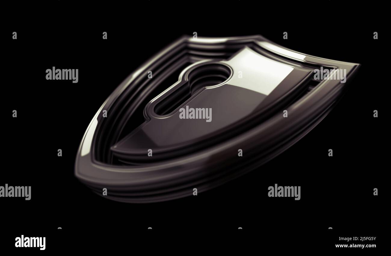 Sicurezza informatica, protezione della rete e dati digitali con il concetto Shield Golden Metal Shine Symbol. Spettacolare luce incandescente e riflessione icona abstr Foto Stock