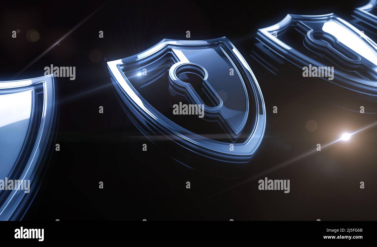 Sicurezza informatica, protezione della rete e dati digitali con il concetto Shield Golden Metal Shine Symbol. Spettacolare luce incandescente e riflessione icona abstr Foto Stock