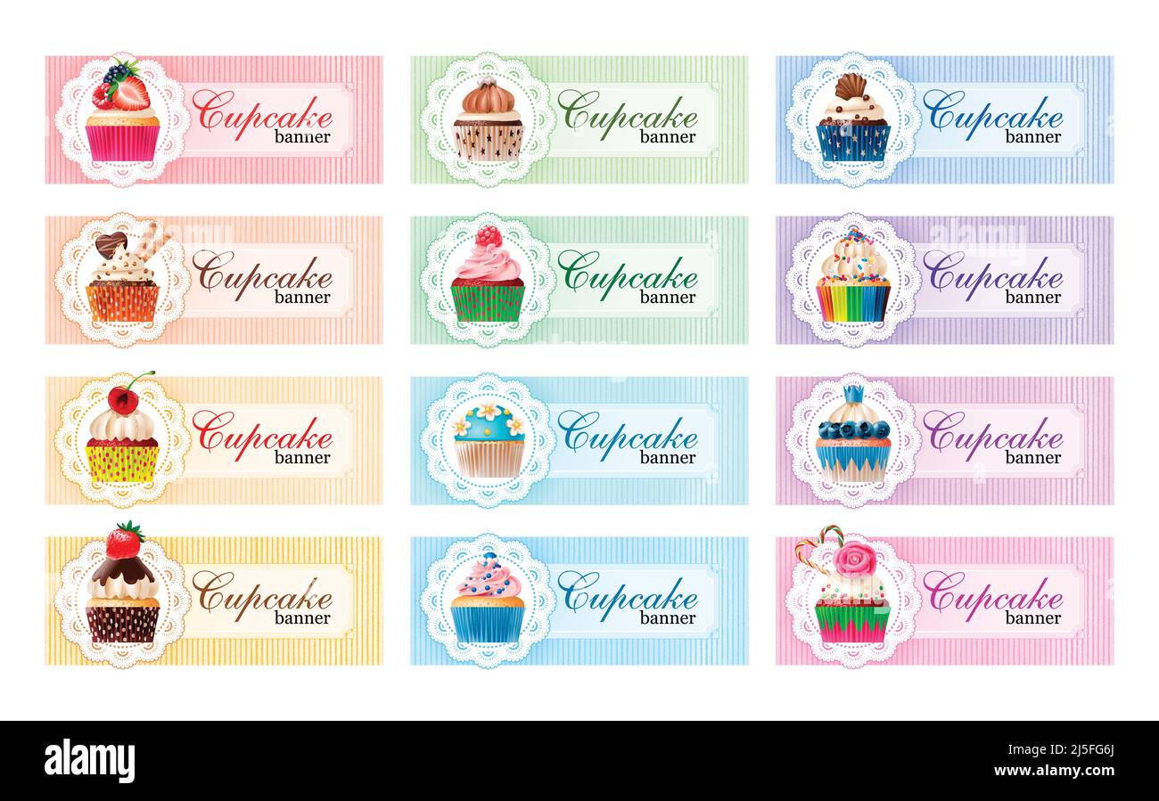 Set di striscioni vettoriali shabby, intestazioni di panetteria dolciaria con cupcakes e una cornice lacy per il tuo testo Illustrazione Vettoriale