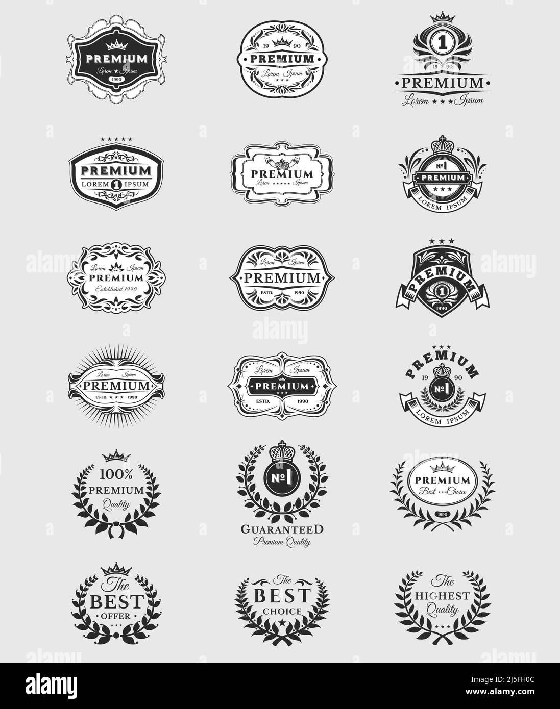Set di illustrazioni vettoriali in nero, badge, adesivi di alta qualità isolati sul bianco. Segni della migliore qualità, marchi premium in stile vintage Illustrazione Vettoriale