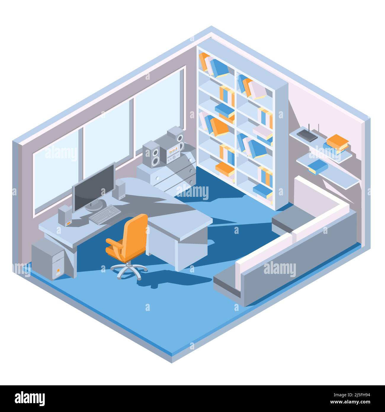 Disegno vettoriale isometrico di un ufficio domestico con un divano, scrivania, libreria, sedia, libri, computer. Illustrazione Vettoriale