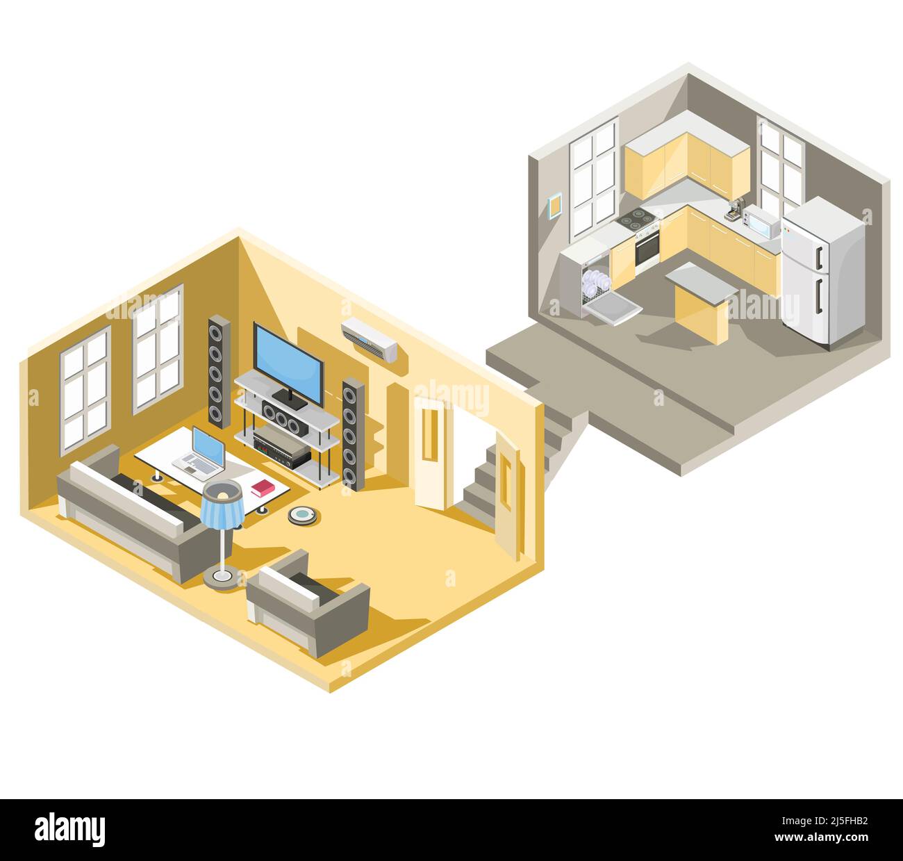 Disegno di illustrazione isometrica vettoriale di un soggiorno e di una cucina Illustrazione Vettoriale
