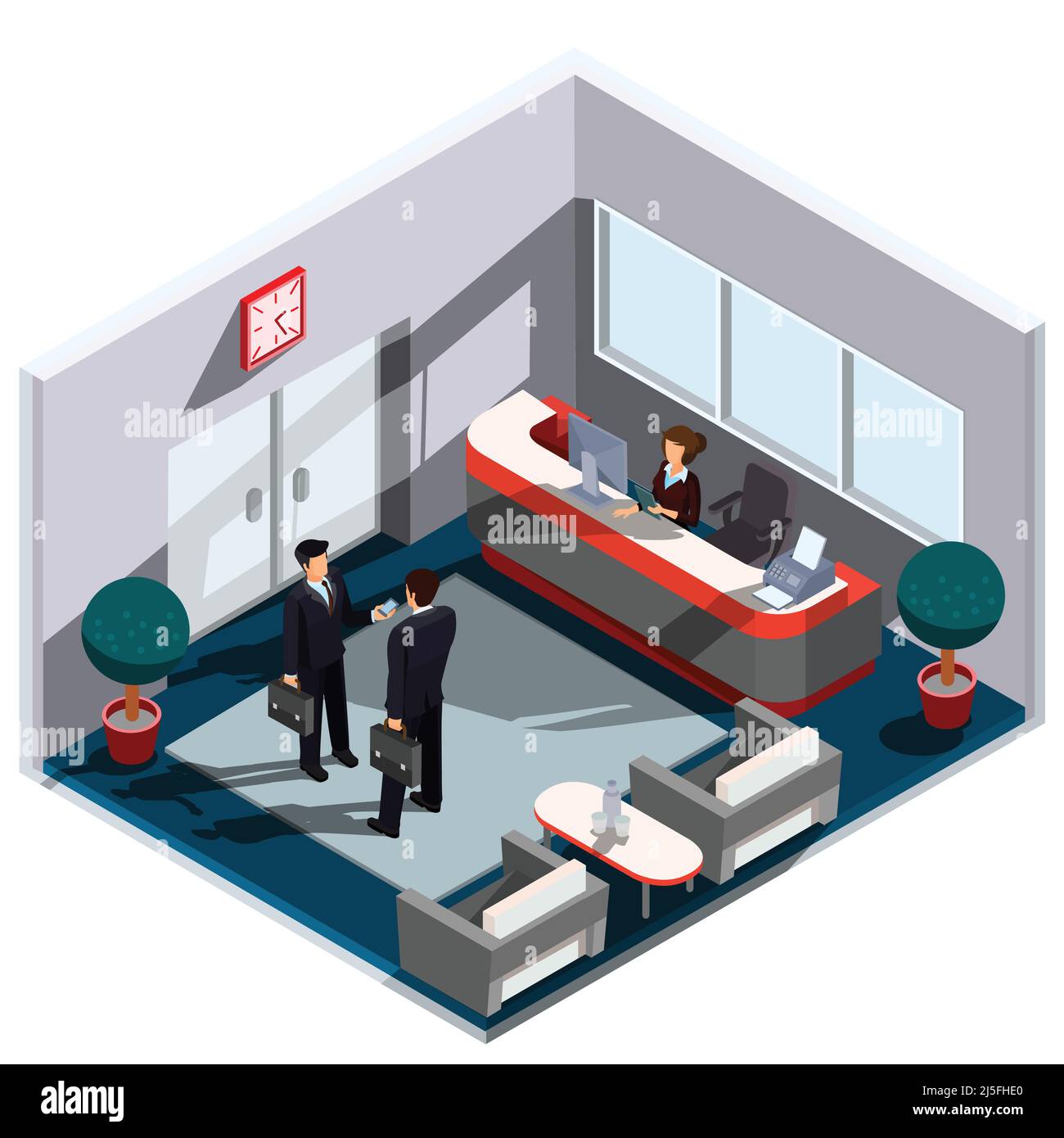 Illustrazione isometrica del vettore 3D all'interno della ricezione. L'interno della lobby presenta un banco di segreteria, poltrone, un tavolino da caffe' e personale di stanza Illustrazione Vettoriale