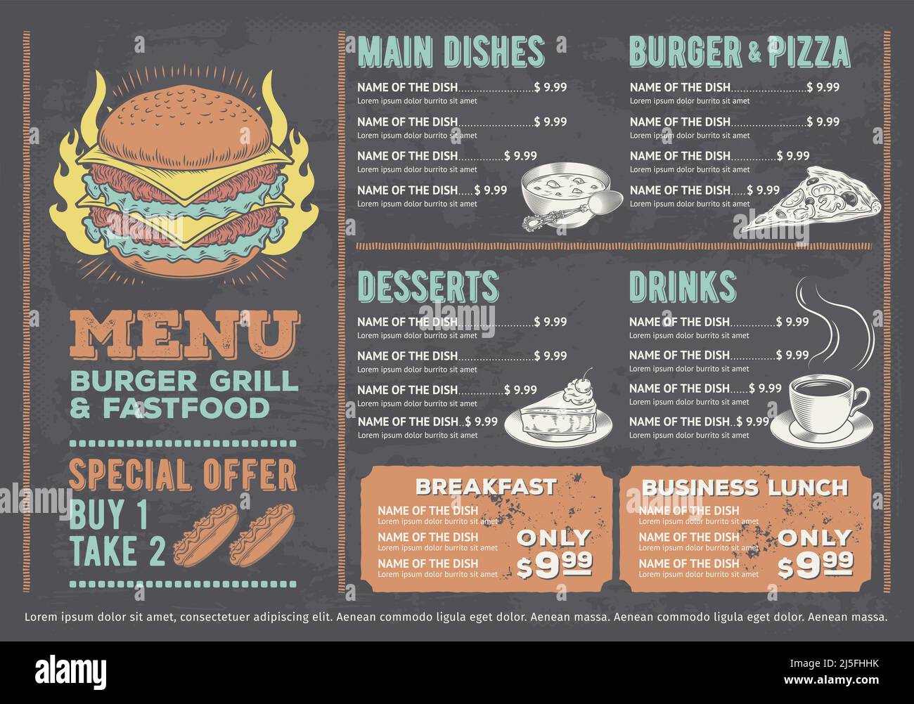 Illustrazione vettoriale di un menu di fast food design, un caffè con grafica disegnata a mano. Modello creativo vintage, volantino, brochure. Illustrazione Vettoriale