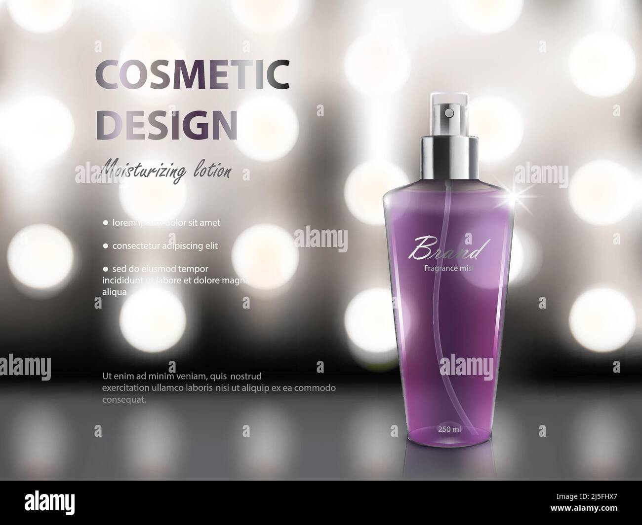 Poster illustrativo Vector 3D con prodotti cosmetici premium idratanti, sfondo grigio con bella bottiglia spray viola e luci brillanti Illustrazione Vettoriale