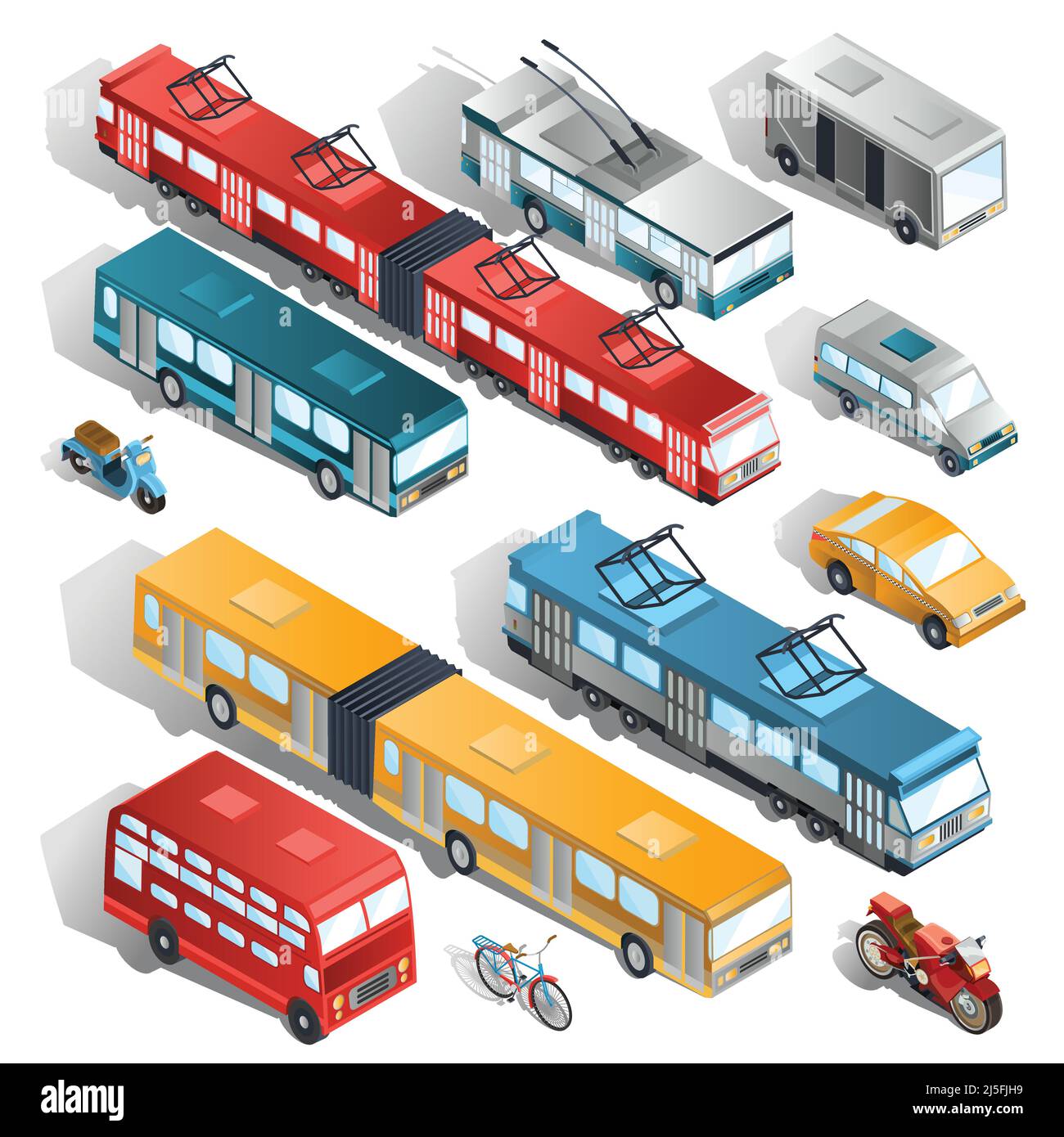 Set di illustrazioni isometriche vettoriali di autobus comunali di trasporto, tram, taxi, navetta taxi, moto, scooter, bicicletta Illustrazione Vettoriale