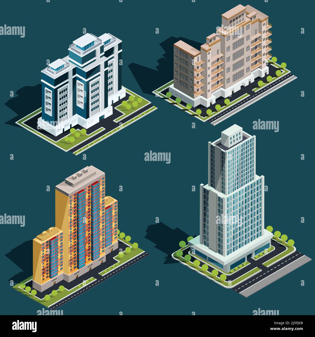 Vettore isometrico 3D illustrazioni icone di edifici grattacieli, uffici, edifici residenziali Illustrazione Vettoriale