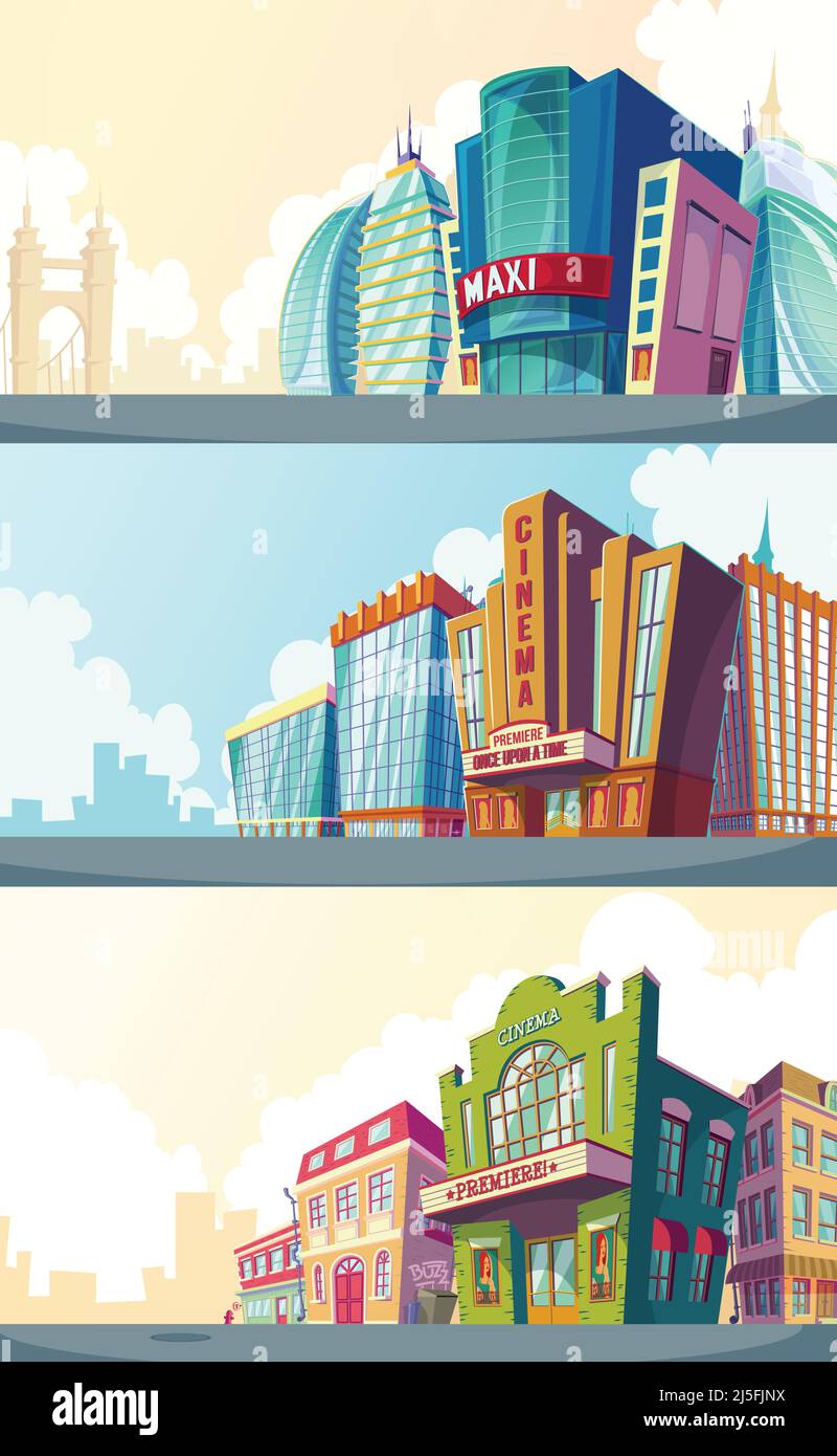 Set vettore cartoon illustrazione di un paesaggio urbano con gli edifici di vecchi e moderni cinema. Una collezione di cartoni animati per la pubblicità Illustrazione Vettoriale