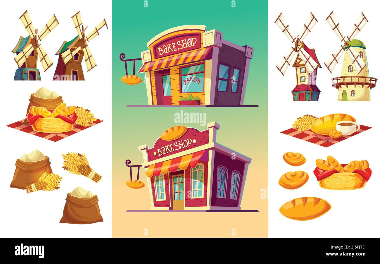 Illustrazione vettoriale di due panetterie con facciate e cartelli vari, un insieme di icone per un panificio appena sfornato pane, spighe di grano, farina ba Illustrazione Vettoriale