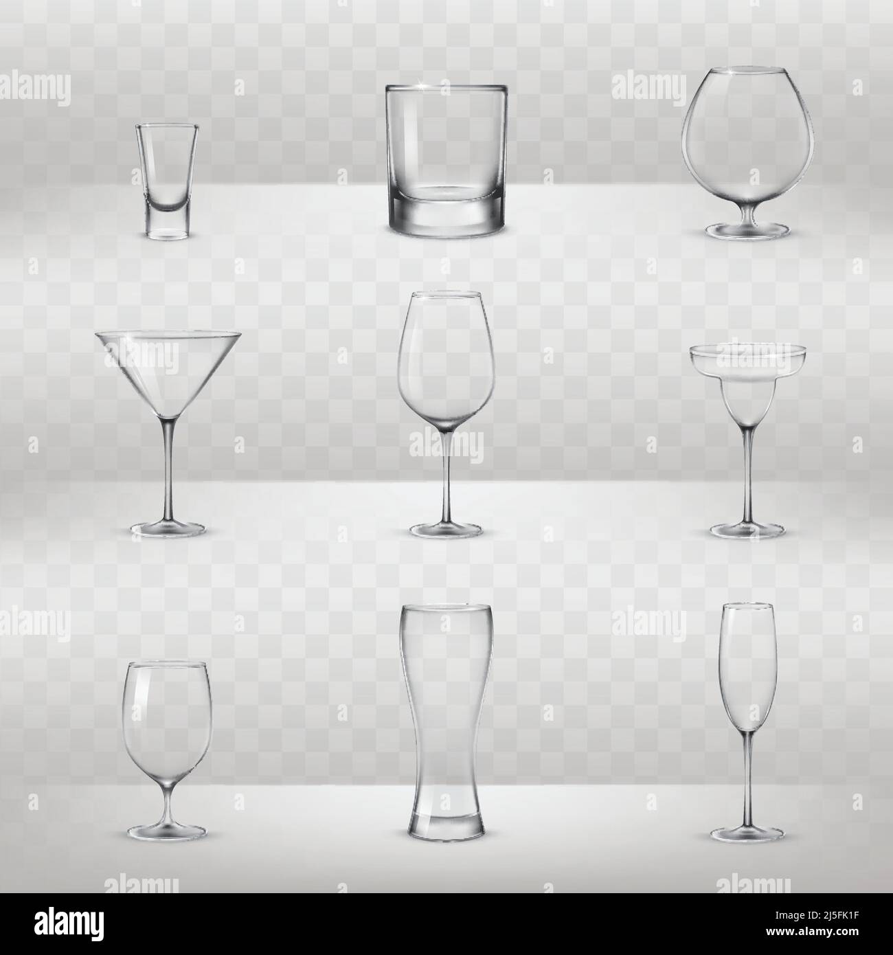 Set di illustrazioni vettoriali di bicchieri per alcol e altre bevande in uno stile realistico Illustrazione Vettoriale