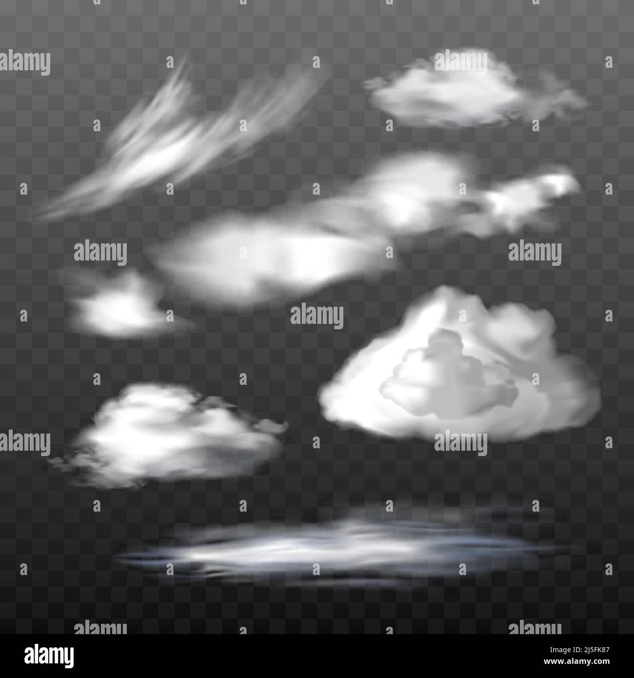 Una serie di illustrazioni vettoriali di nuvole traslucide di vari tipi in uno stile realistico. Elementi di progettazione Illustrazione Vettoriale