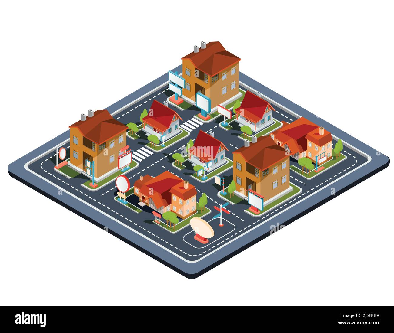 Vettore isometrico illustrazione quartiere residenziale con icone di case residenziali, cottage con garage, cortile, prato verde per pubblicità opuscoli o Illustrazione Vettoriale