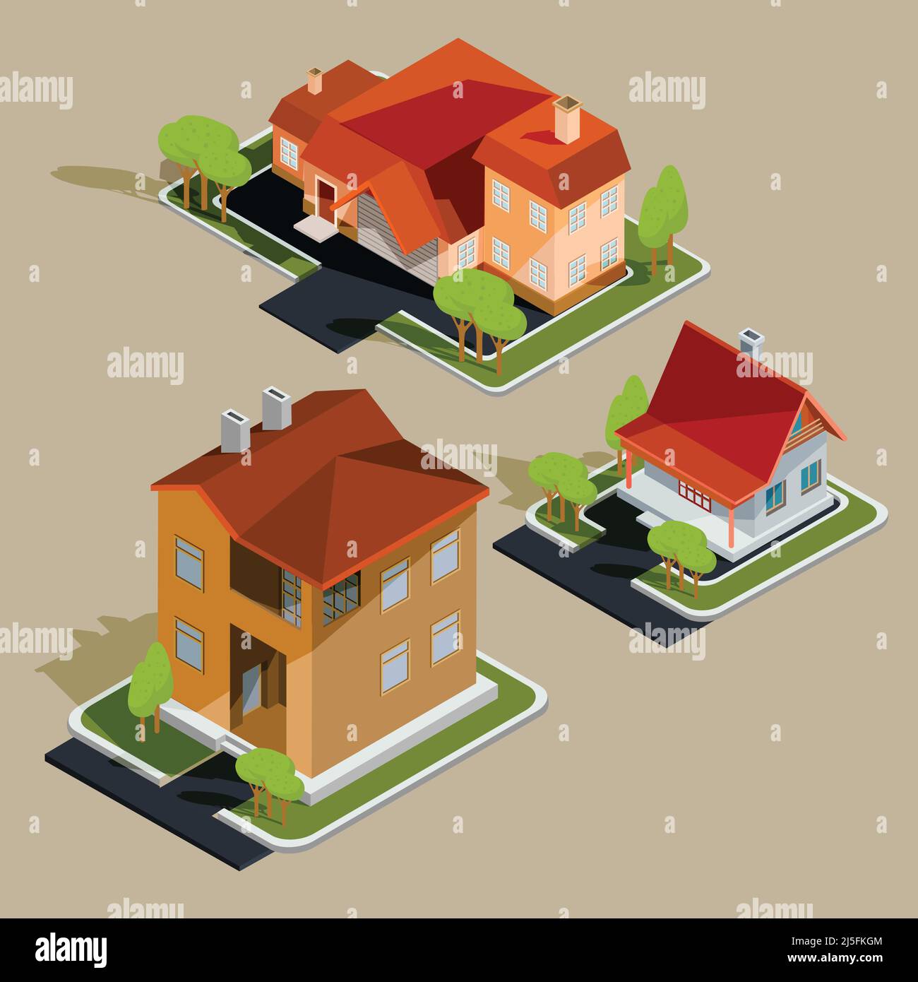 Set di illustrazioni isometriche vettoriali, icone di case residenziali, cottage con garage, cortile, prato verde per la pubblicità opuscoli di immobili Illustrazione Vettoriale