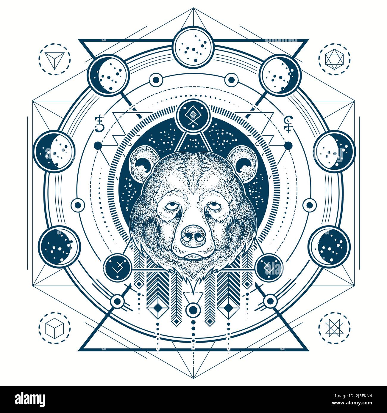 Illustrazione vettoriale di una vista frontale della testa di un orso, disegno geometrico di un tatuaggio, stampa con fasi lunari. Astratto schema tribale etnico. Illustrazione Vettoriale