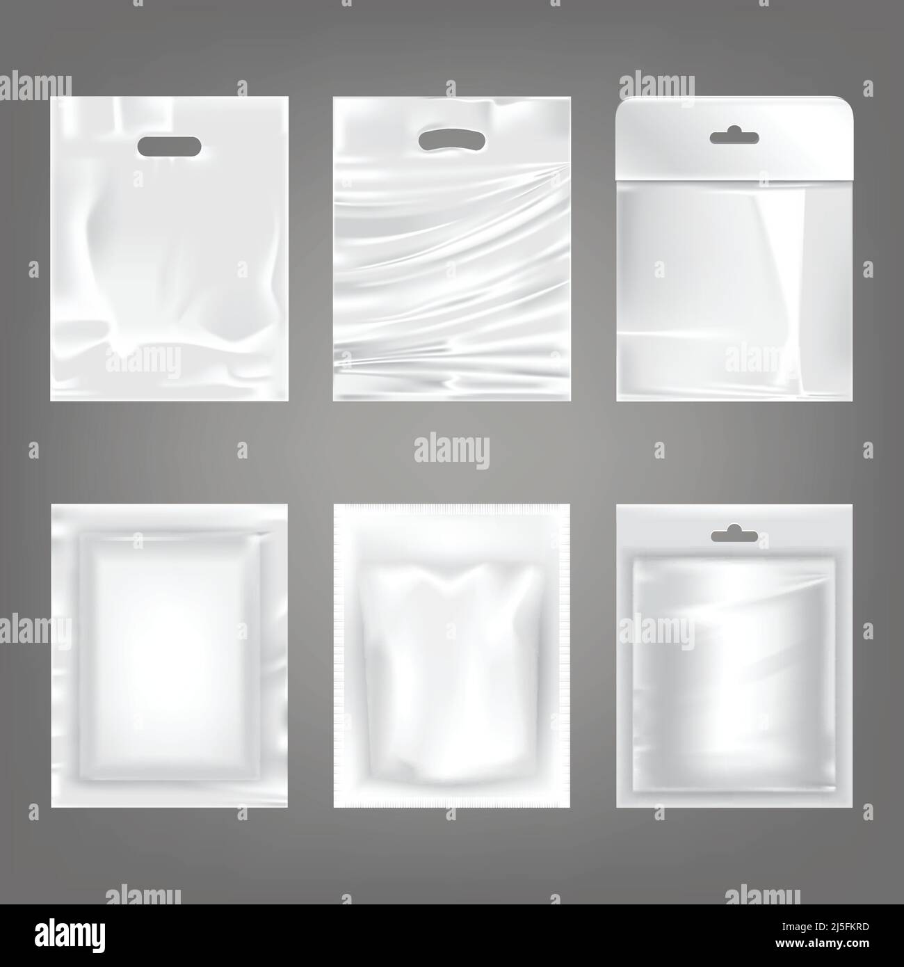 Set di illustrazioni vettoriali di sacchetti vuoti in plastica bianca, confezione, isolati su sfondo trasparente. Modello di simulazione, layout per il design con marchio Illustrazione Vettoriale