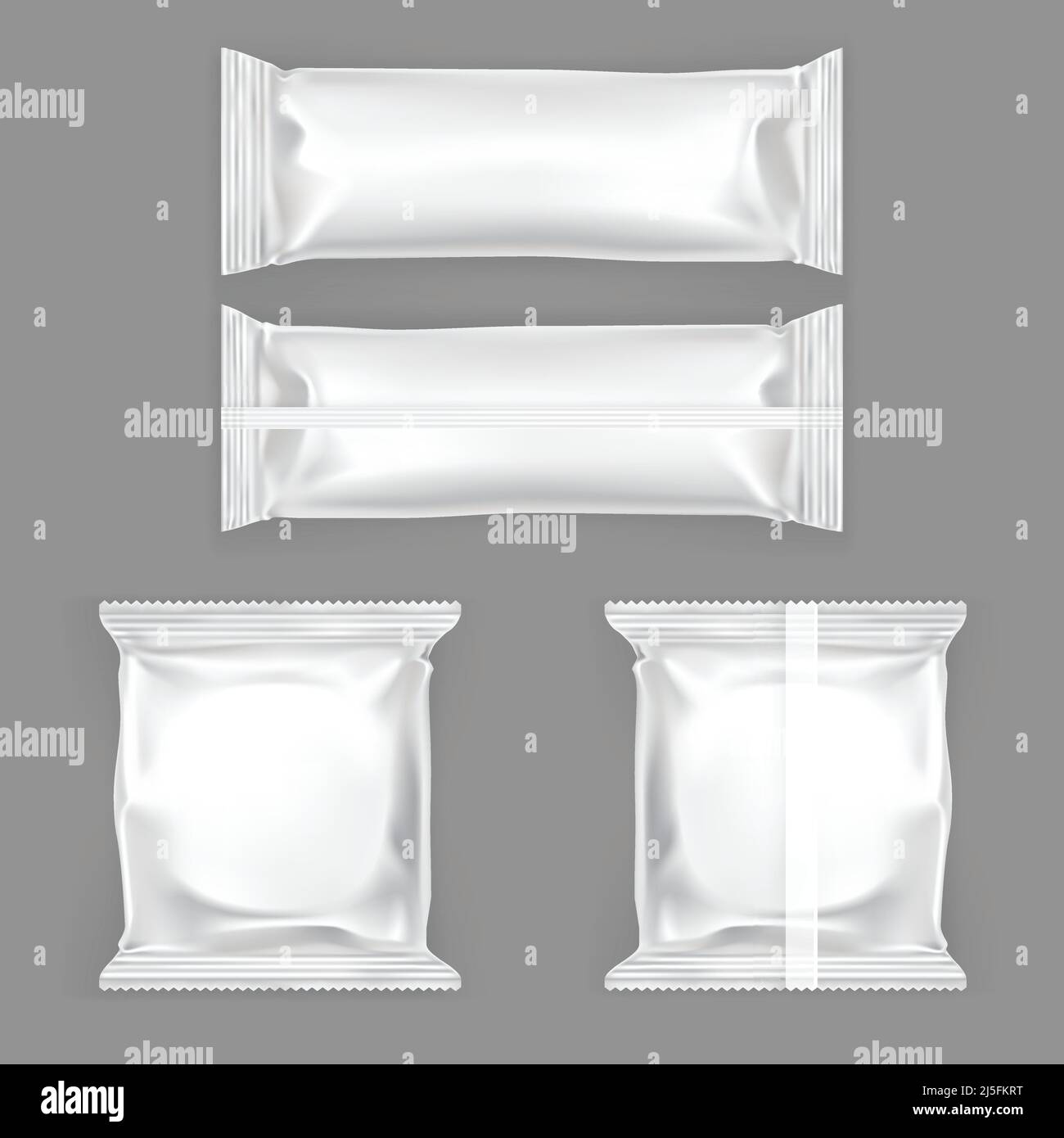 Set di illustrazioni vettoriali di imballaggio in plastica bianca per spuntini, isolato su sfondo grigio. Modello di simulazione, layout per il design con marchio Illustrazione Vettoriale