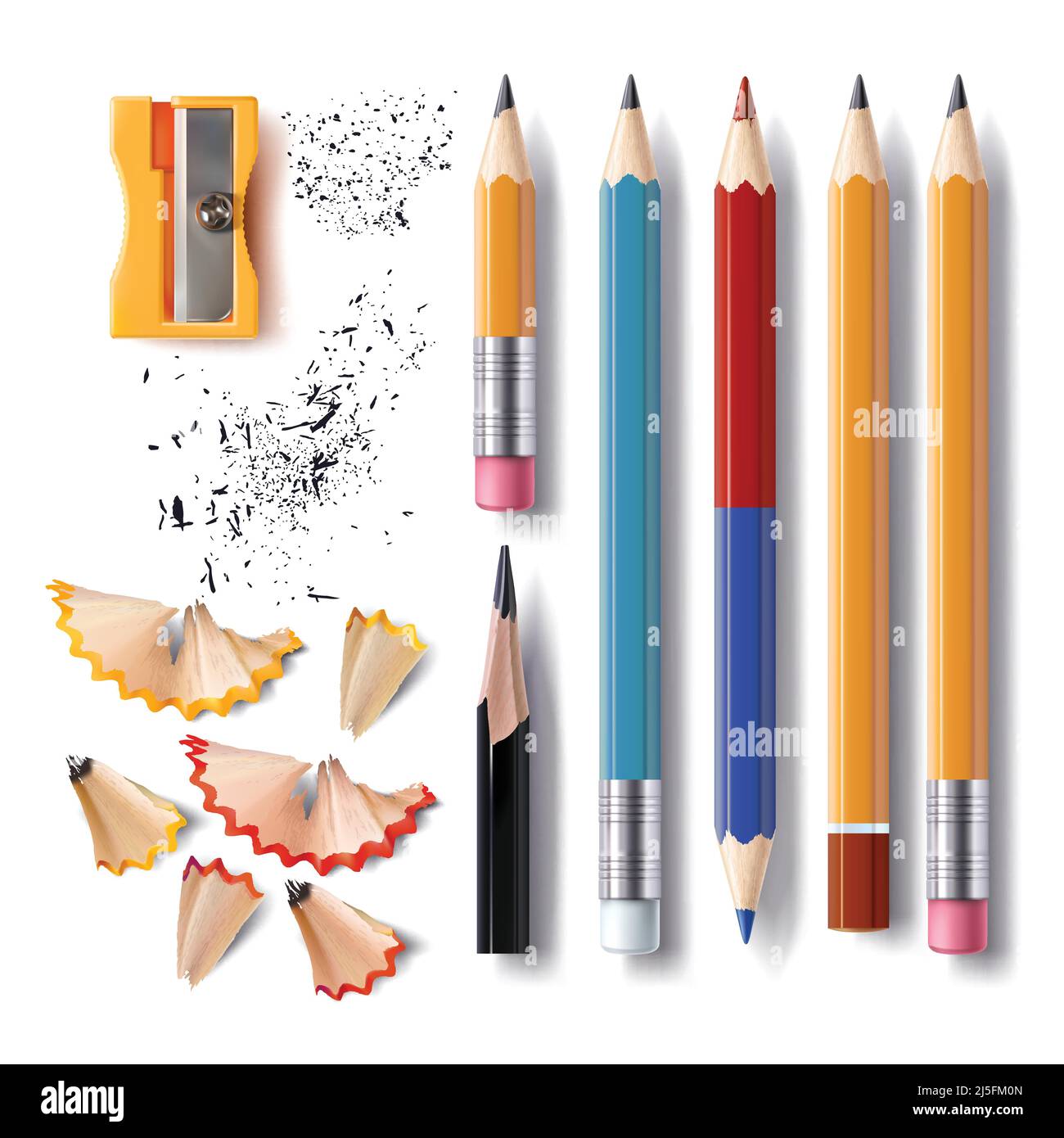 Set di illustrazioni vettoriali in matite realistiche affilate di varie lunghezze con una gomma e senza, un affilatore, matita rasature e un grap Illustrazione Vettoriale