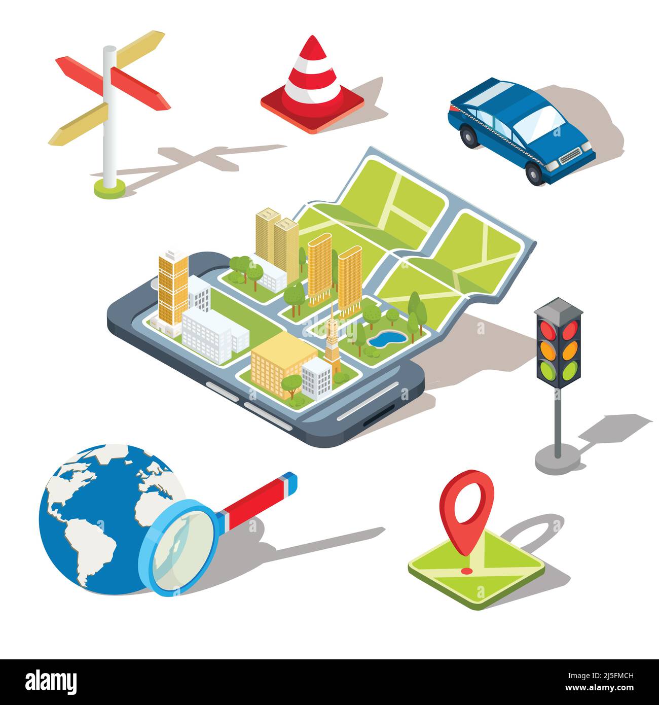 Illustrazione vettoriale del concetto utilizzando l'applicazione mobile del sistema di posizionamento globale. Immagine di uno smartphone con una mappa della carta distesa da Illustrazione Vettoriale