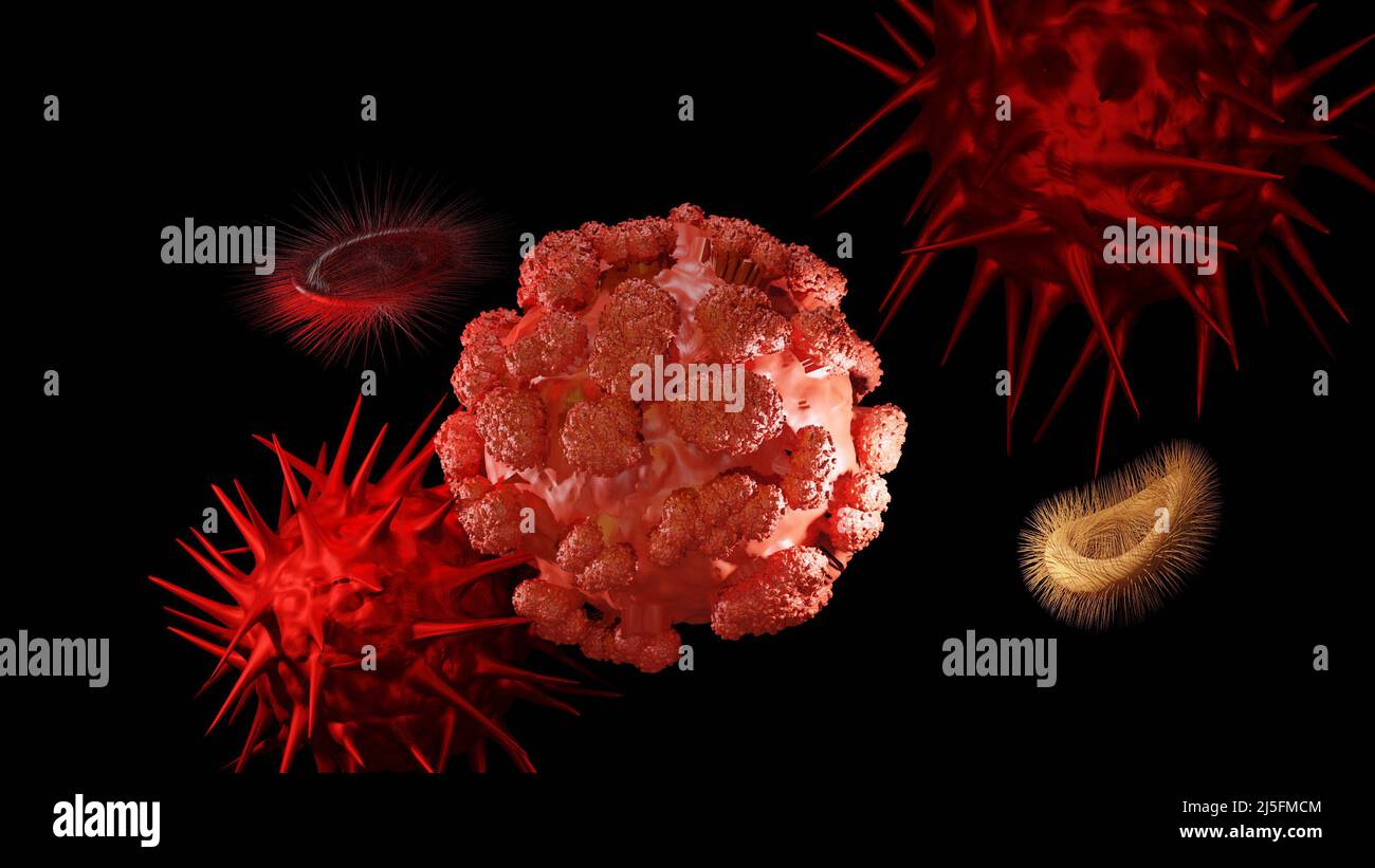 Covid-19. Coronavirus Sars Cov 2. Cellule virali isolate. 3D rappresentazione illustrazione. Foto Stock