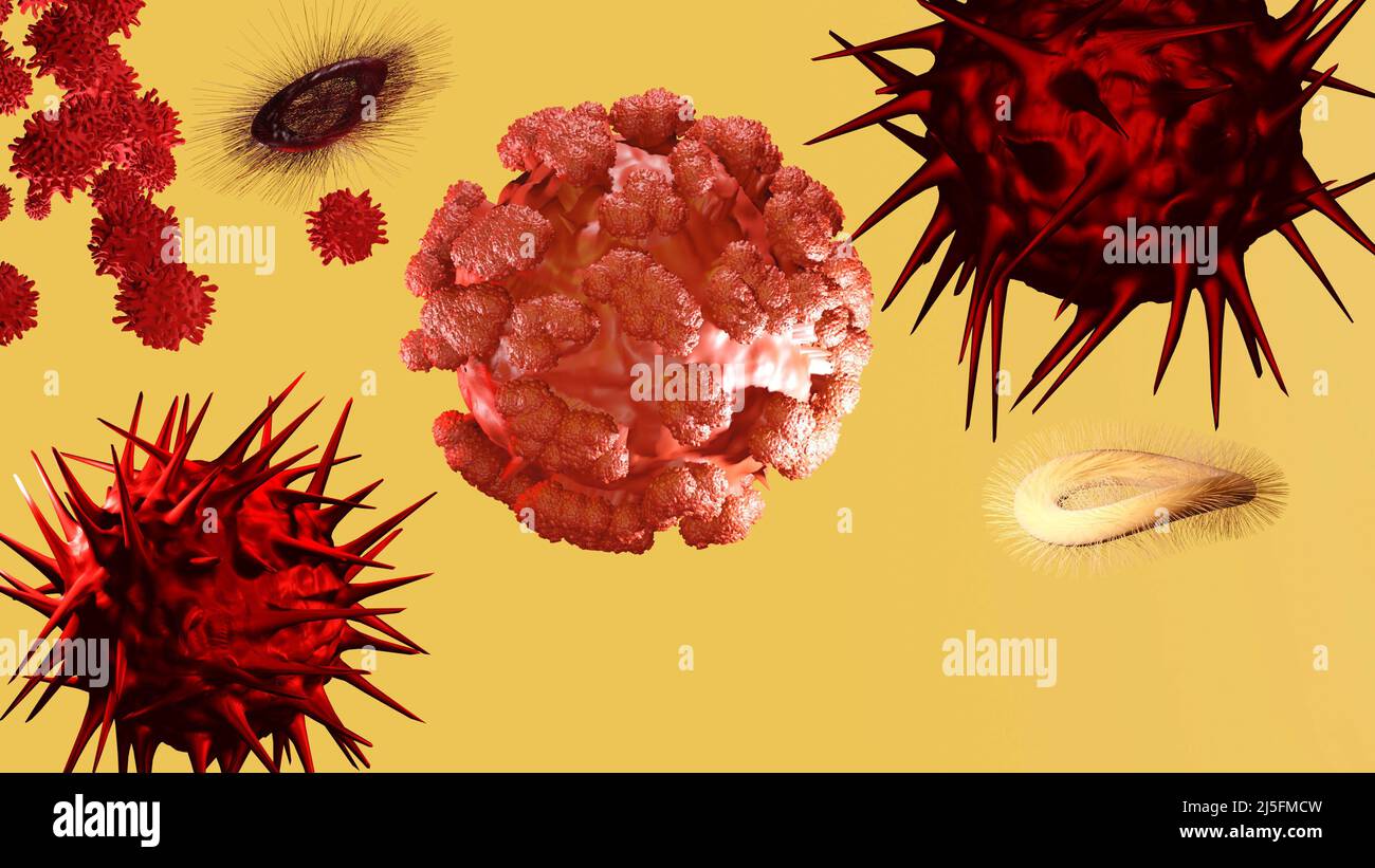 Covid-19. Coronavirus Sars Cov 2. Cellule virali isolate. 3D rappresentazione illustrazione. Foto Stock