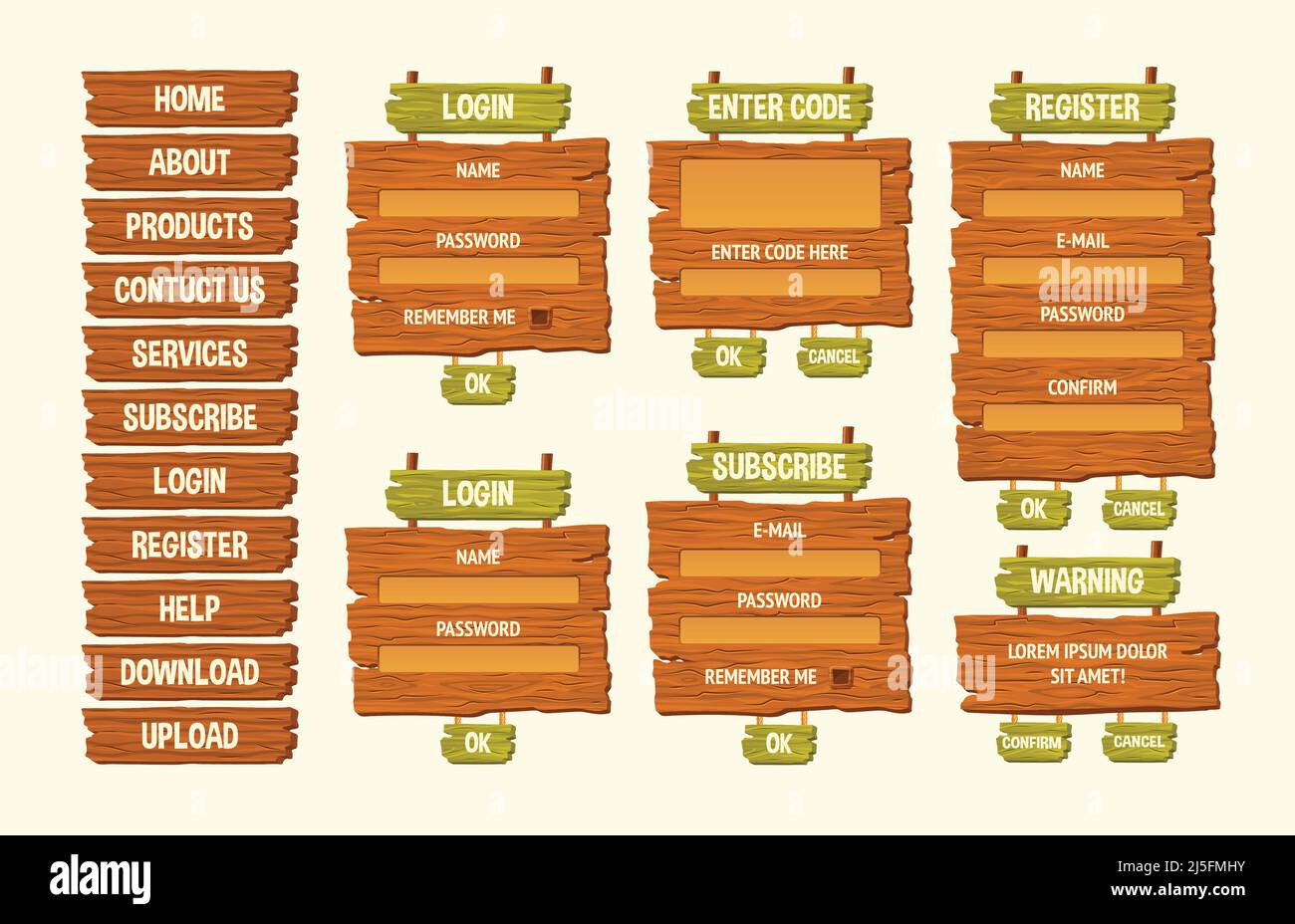 Set di illustrazioni vettoriali cartoni animati in legno, componenti per lo sviluppo di giochi, elementi di design gui Illustrazione Vettoriale