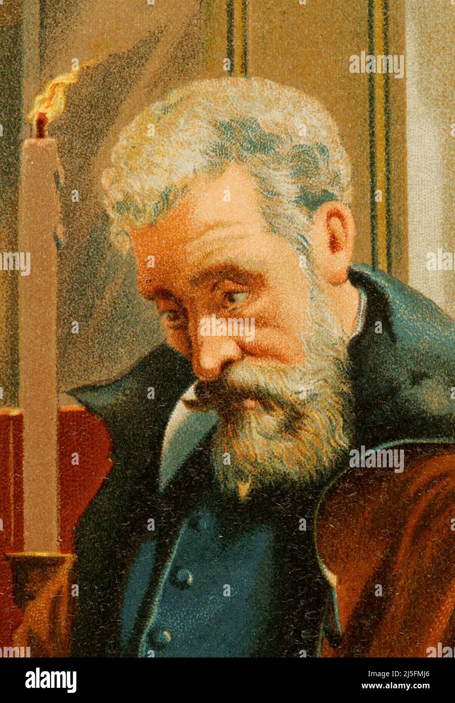 Galileo Galilei (1564-1642). Astronomo, matematico e fisico italiano. Il 22 giugno 1633, Galileo fu costretto ad abjure la sua dottrina dinanzi ad un tribunale inquisitoriale, sotto il mandato di Papa Urbano VIII Il processo si è svolto presso il convento domenicano di Santa Maria sopra Minerva a Roma. Verticale. Chromolithography. Historia Universal, di César Cantú. Volume VIII. Pubblicato a Barcellona, 1886. Foto Stock