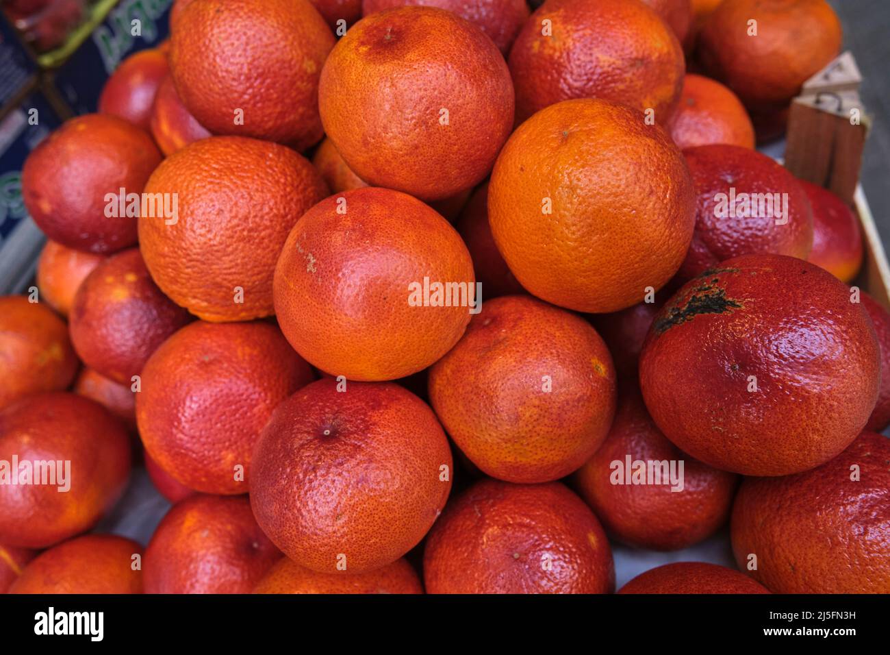 Arance fresche di sangue impilate per la vendita a Venezia, Italia. Foto Stock