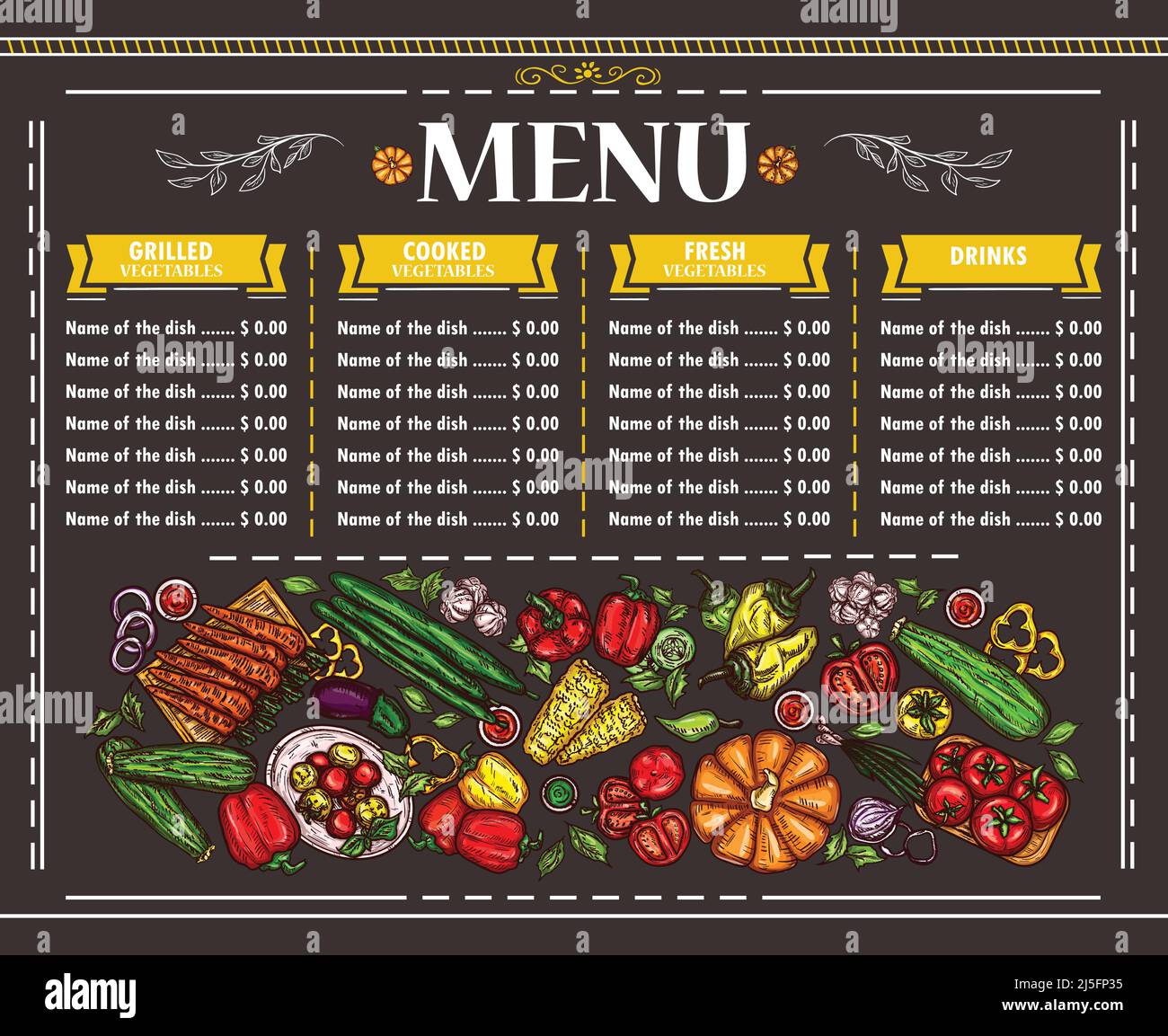 Illustrazione vettoriale di un menu vegetariano del ristorante. Modello, volantino, elemento di design per menu con verdure varie disegnate a mano Illustrazione Vettoriale