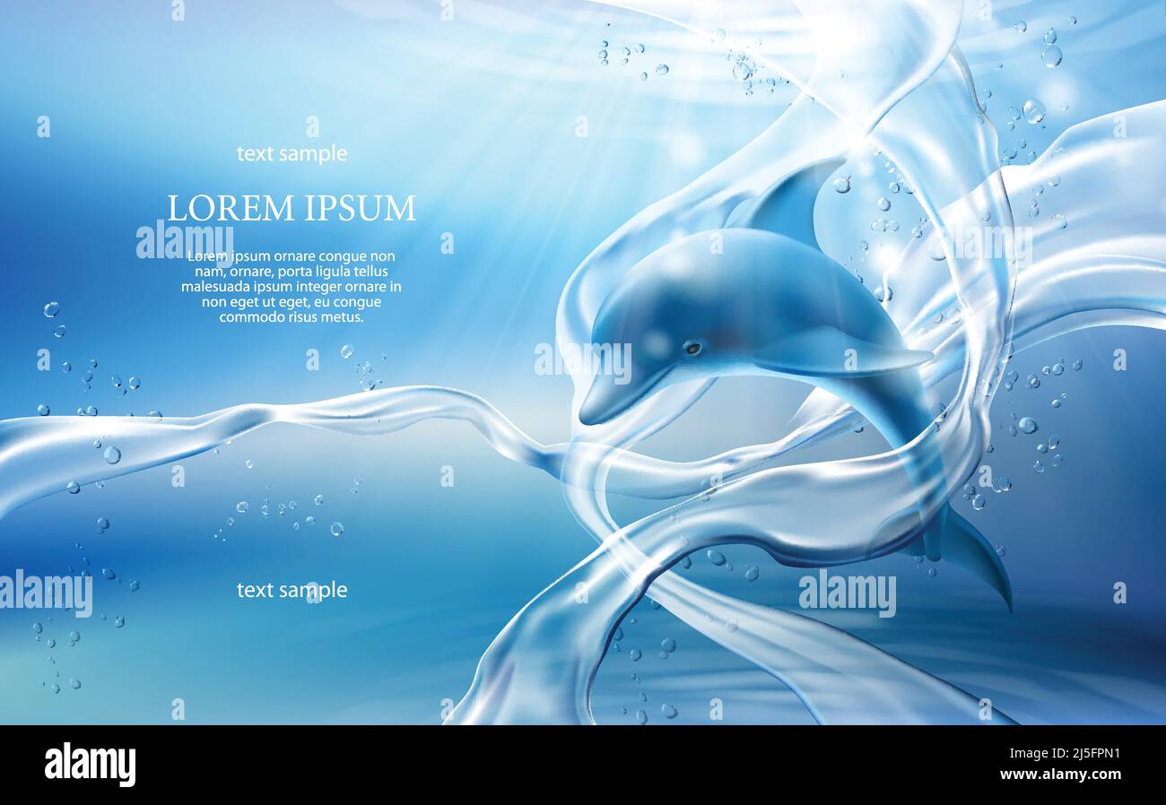 Banner di illustrazione vettoriale con flussi, bolle d'acqua cristallina e delfini su sfondo azzurro chiaro Illustrazione Vettoriale