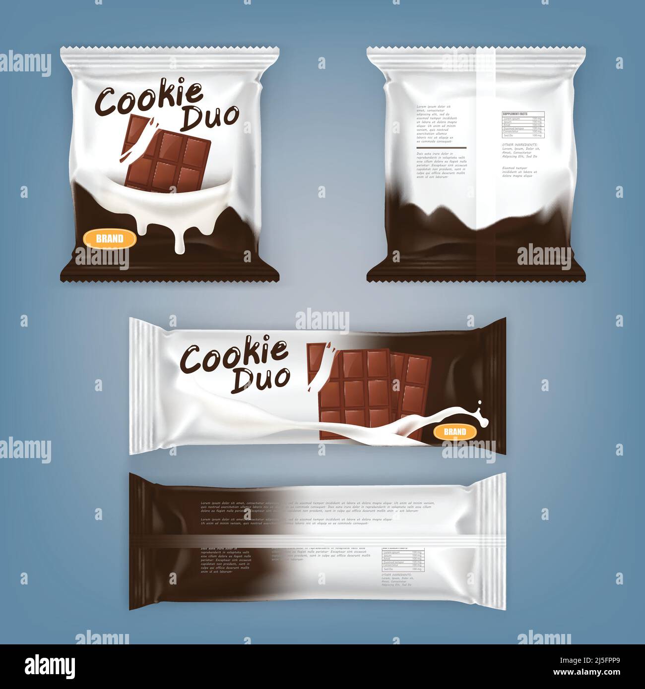 Set di illustrazioni vettoriali di imballaggio per barrette di cioccolato, frontale e posteriore, isolato. Utilizzato come modello di pacchetto, elemento di progettazione Illustrazione Vettoriale