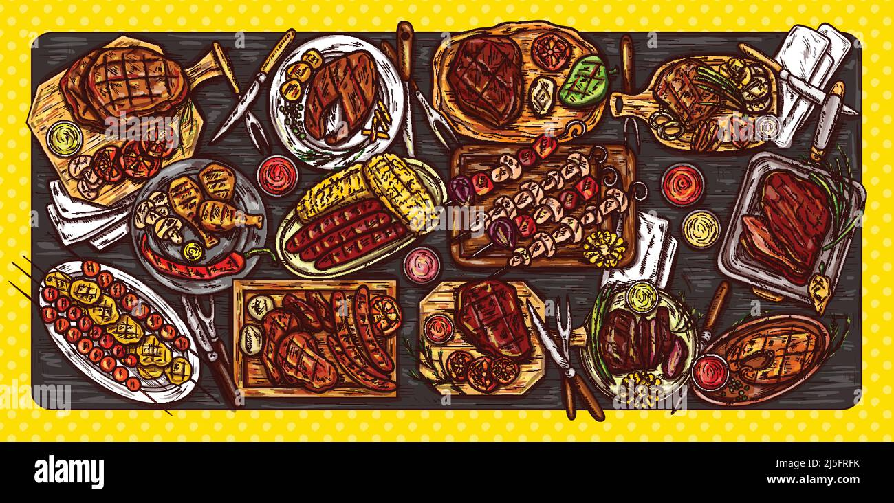 Illustrazione vettoriale, banner culinario, fondo barbecue con cibo alla griglia, varie carni, salsicce, verdure e salse. Tavolo servito per barbecue, Illustrazione Vettoriale