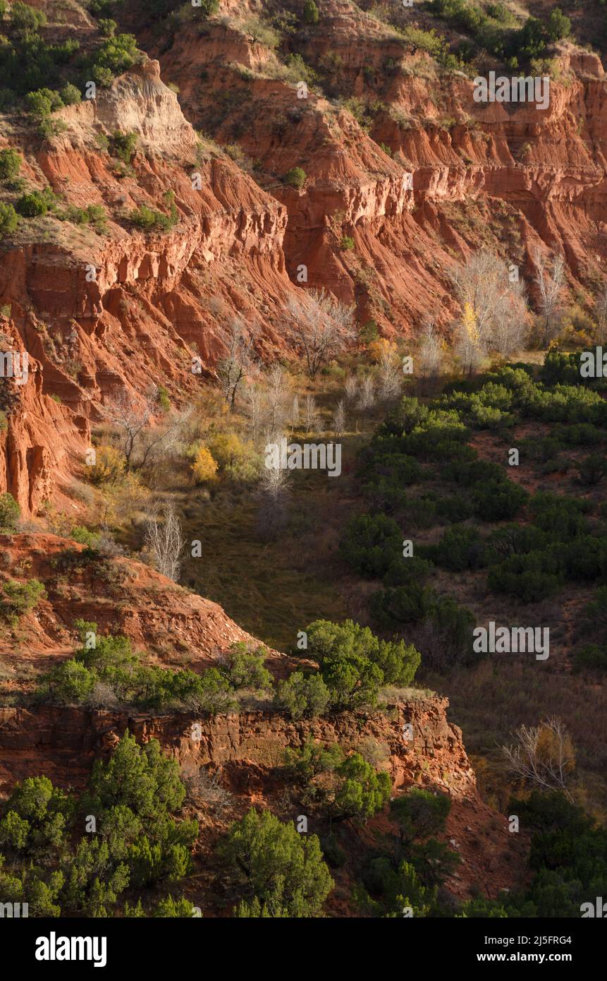 Una vista su un burrone al Caprock Canyons state Park mentre il sole tramonta. Foto Stock