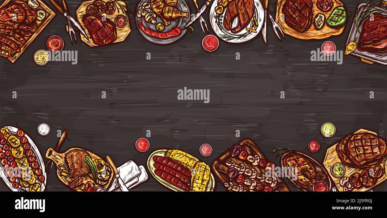Illustrazione vettoriale, banner culinario, fondo barbecue con cibo alla griglia, varie carni, salsicce, verdure e salse. Tavolo servito per barbecue, Illustrazione Vettoriale